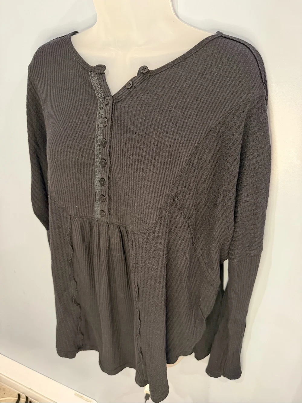 Free People Black Waffle Henley Long Sleeve Top M